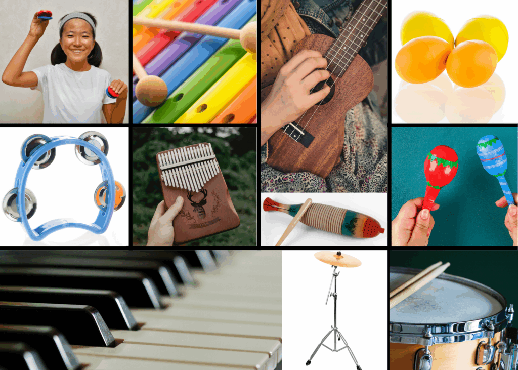 A collage of musical instruments highlights music therapy gold coast: a girl with a tambourine, colorful xylophone, ukulele, egg shakers, blue tambourine, kalimba, guiro, maracas, piano keys, cymbal stand, and drumsticks over a snare drum.