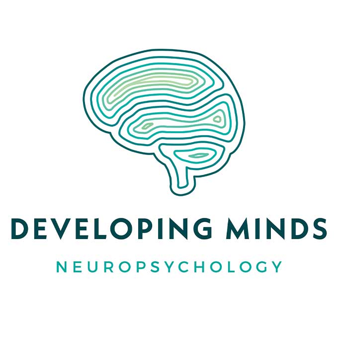 A stylized line drawing of a brain above the words DEVELOPING MINDS in bold and NEUROPSYCHOLOGY beneath, in teal and green hues on a white background—perfect for promoting music therapy courses or speech therapy for kids.