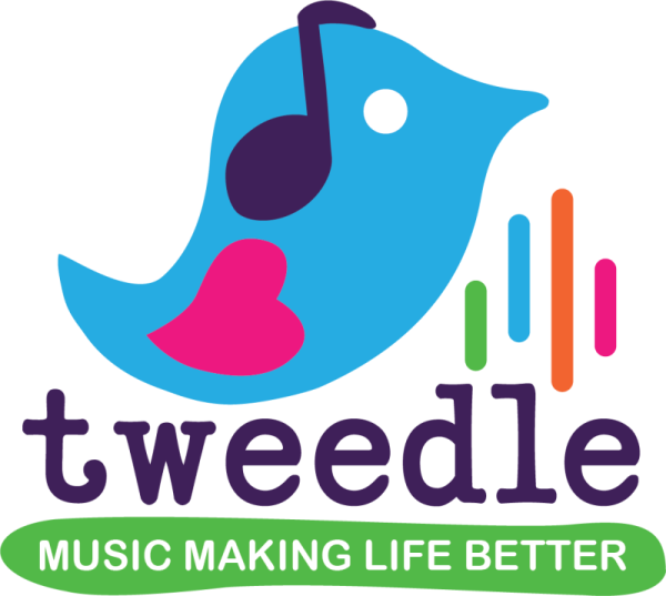 A blue bird with a music note as its wing and a pink heart on its body appears above the word tweedle. Colorful sound bars and the phrase Music Making Life Better highlight our music therapy courses on the Gold Coast.