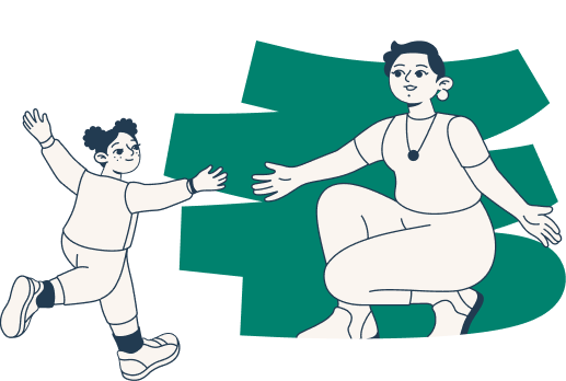 Illustration of a child running with arms outstretched toward an adult who is kneeling with open arms, welcoming the child—celebrating progress in speech therapy for kids. Both figures appear happy, with a green abstract shape in the background.
