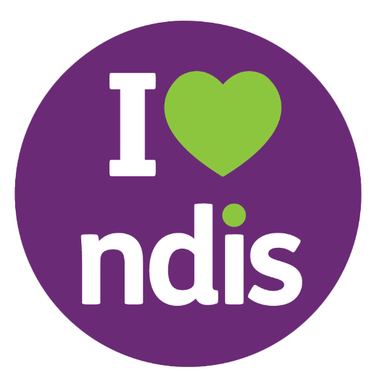 A purple circle with white text reading I and ndis. A green heart symbol replaces the word love, forming the phrase I love ndis—perfect for promoting music therapy courses or speech therapy for kids on the Gold Coast.