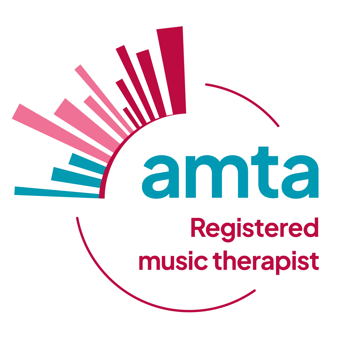 Logo with colorful vertical bars forming a semicircle, amta Registered music therapist in teal and magenta text, and a partial circular line connecting the design—perfect for promoting music therapy gold coast or music therapy courses.