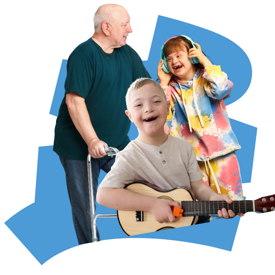 An older man with a walker stands next to a girl with Down syndrome wearing headphones and a colorful outfit; in front, a boy with Down syndrome smiles, holding a small guitar—capturing the joy of music therapy Gold Coast. Blue abstract shapes are in the background.