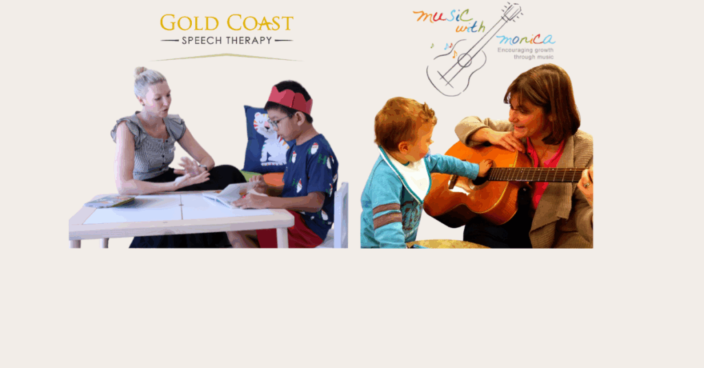 Music with Monica and Gold Coast Speech Therapy logos and pictures of a speech pathologist and music therapist working with children.