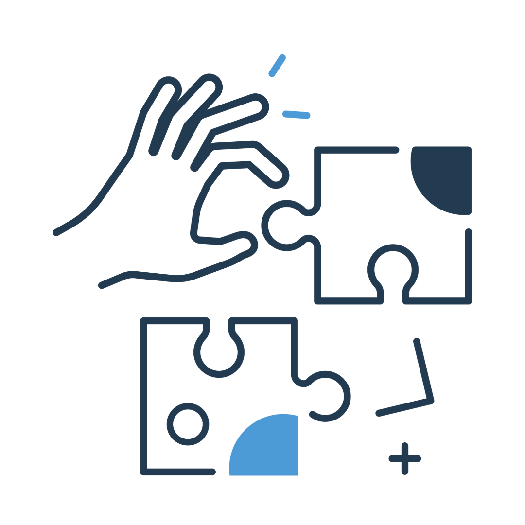 A simple line drawing of a hand placing a puzzle piece with a dark corner above two others, one with a light blue corner, suggests progress—perfect for illustrating speech therapy for kids. A small plus sign appears nearby.