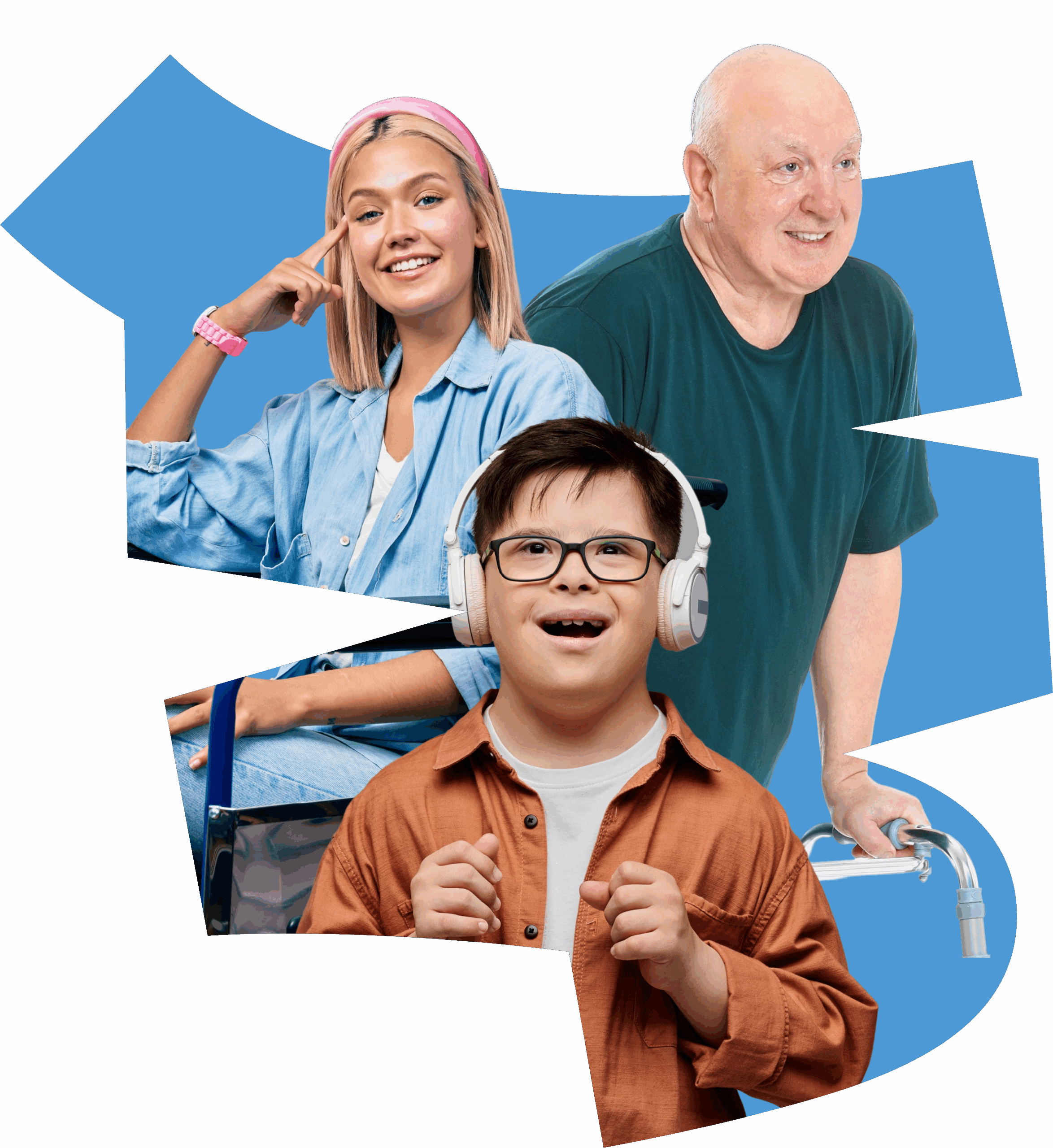 A young woman in a wheelchair, an older man with a walking frame, and a smiling boy with Down’s syndrome enjoying music therapy NDIS, all posing happily against a blue abstract background.