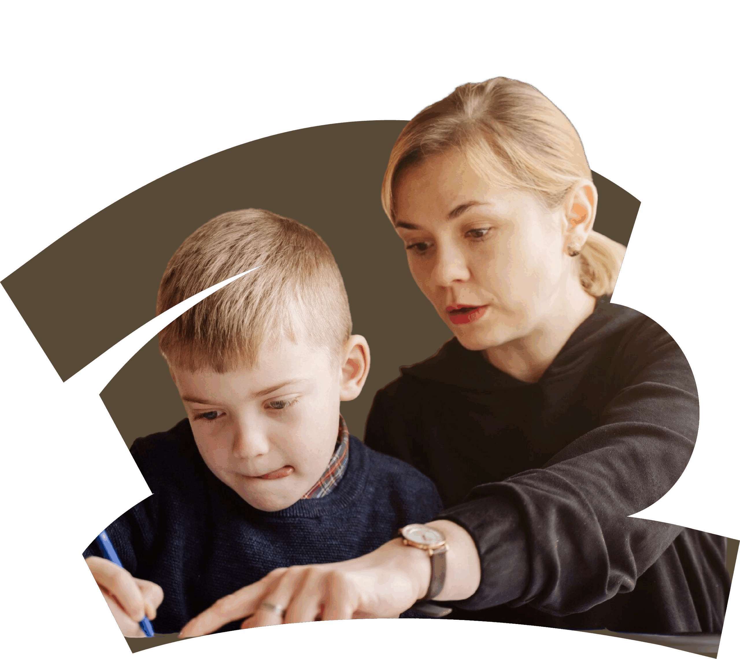 A woman attentively helps a young boy with his work, both focused on writing, as the woman points at something on the table—reflecting the dedication of an OT Gold Coast specialist. The background features abstract curved shapes in brown.