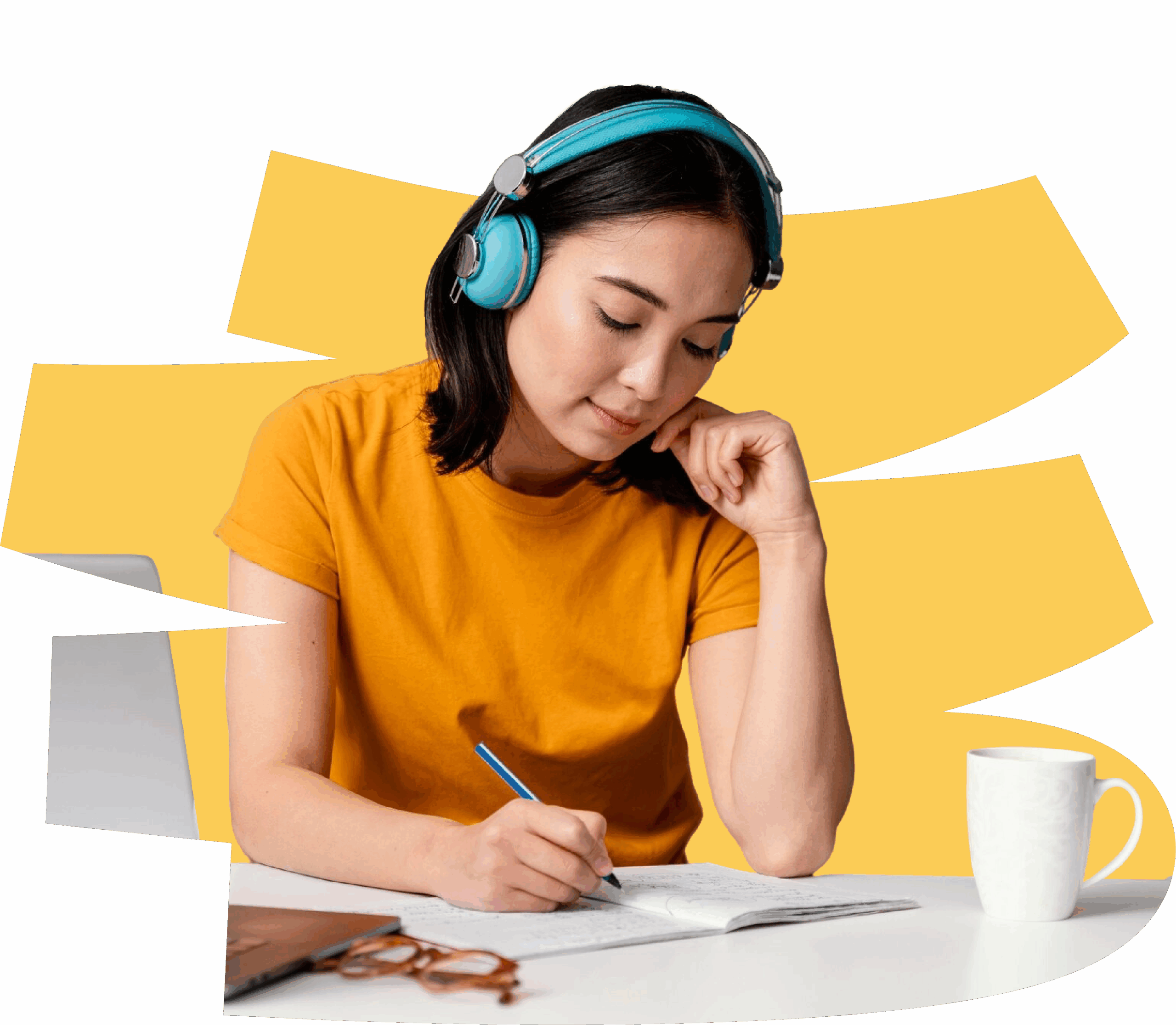 A woman wearing blue headphones and a yellow shirt sits at a desk, writing in a notebook—perhaps preparing for an ADOS assessment. A white mug and laptop rest on the table, set against a yellow background with abstract shapes.