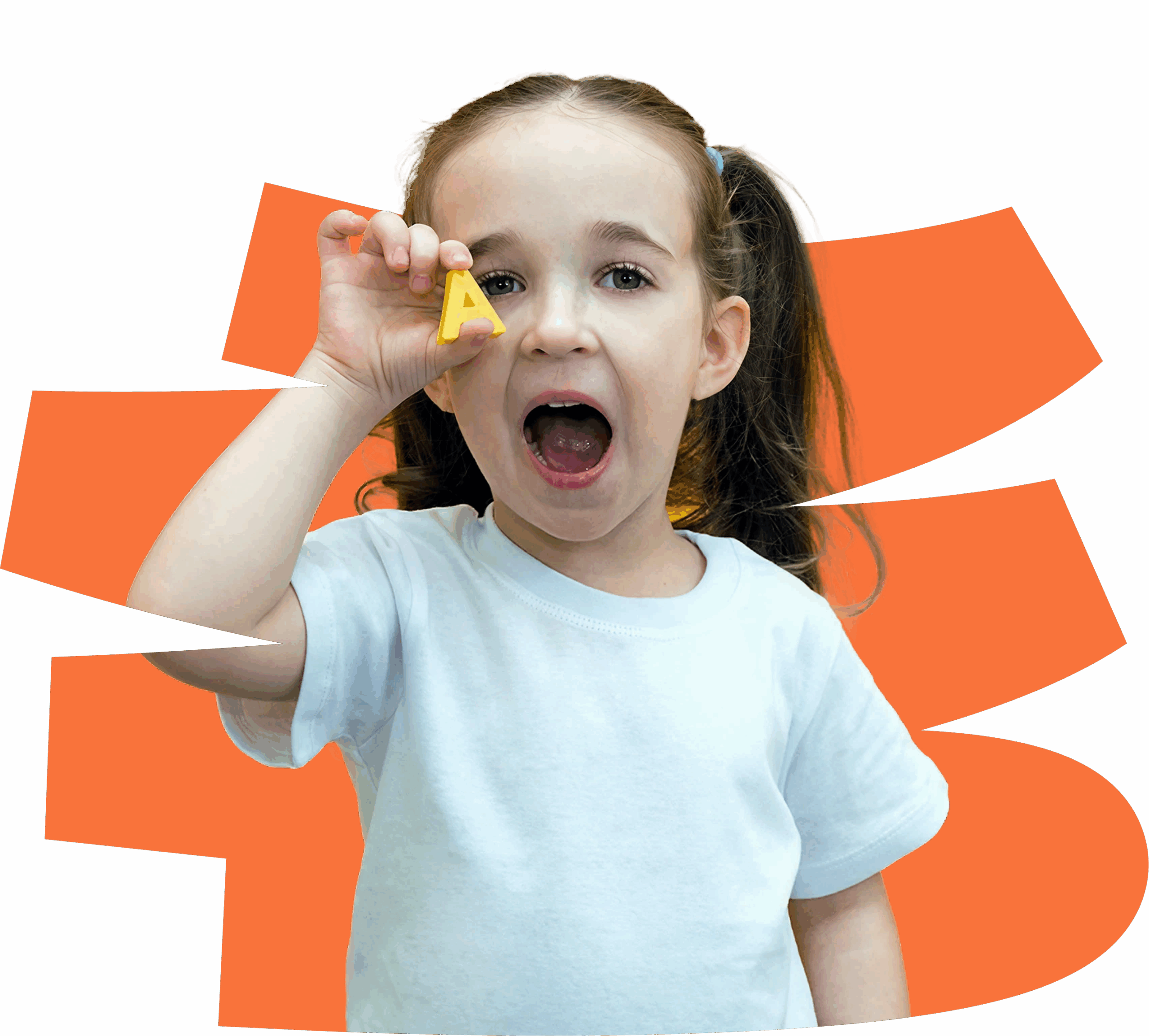 A young girl with brown hair in plaits, wearing a white t-shirt, holds up a yellow letter A and opens her mouth wide—just like during sessions with a Gold Coast speech therapist. The background features bold, orange geometric shapes.