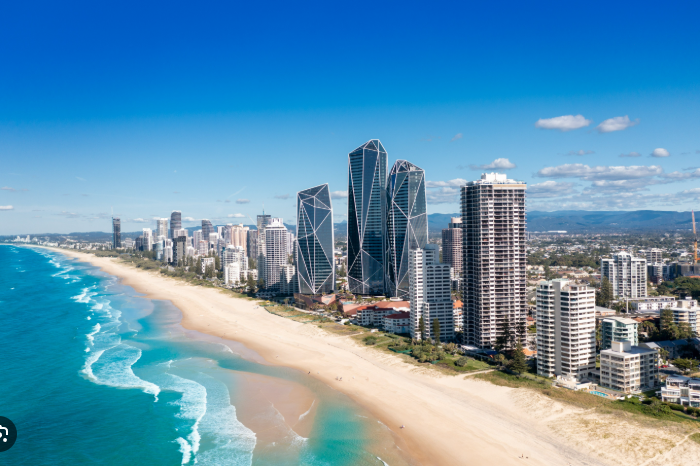 photo of the coast line of the Gold Coast featuring the highrises along the beach.