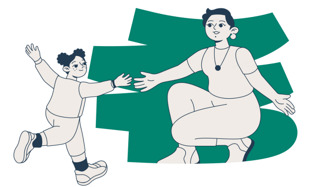 Illustration of a child running with open arms toward an adult, ready to embrace, both looking happy. A green abstract shape is in the background, reflecting the joy often seen in music therapy for kids on the Gold Coast.