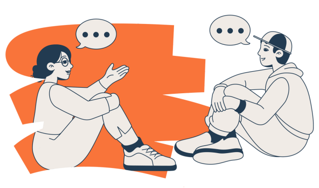 Illustration of two people sitting on the floor facing each other and talking, each with a speech bubble. The background features abstract orange shapes, reflecting a calm setting like those used in music therapy courses or speech therapy for kids.