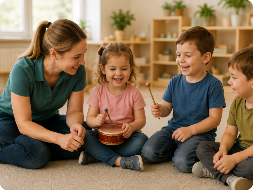 A teacher sitting onthe floor with a young girl and two boys who are playing musical instruments.